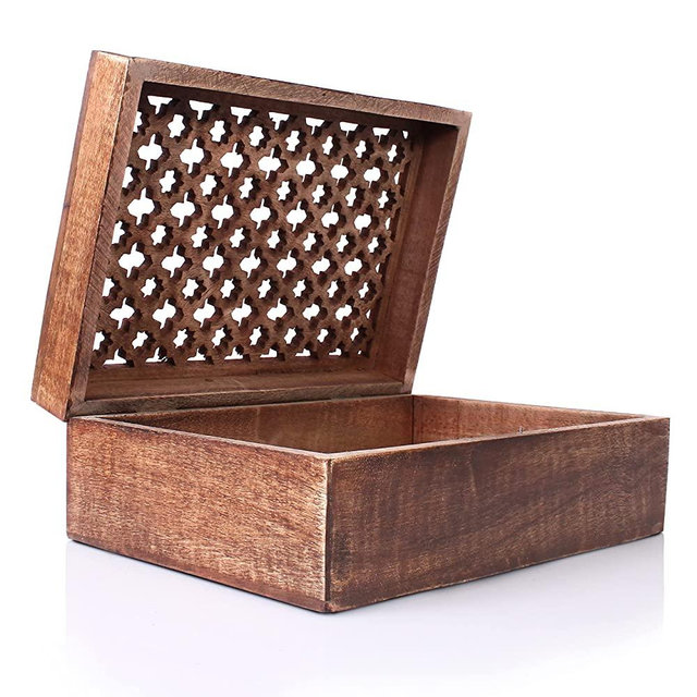 Wood Keepsake Box with Hinged Lid in Trellis Design - Decorative Wooden Box Used as Storage Box, Stash Box, Jewelry Box, or Trinket Box - Medium Polish Finish, 10.5 x 7.5 x 4 Inch, Extra Large