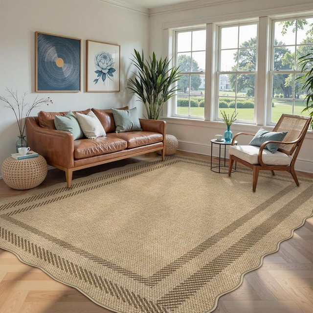 LIVEBOX Scalloped Washable 8x10 Rug, Easy Jute Tan Rug for Living Room, Indoor Outdoor Patio Non Slip Rugs for Bedroom, Geometric Farmhouse Dining Room Mat Modern Carpet Area Rug for Home Office Decor