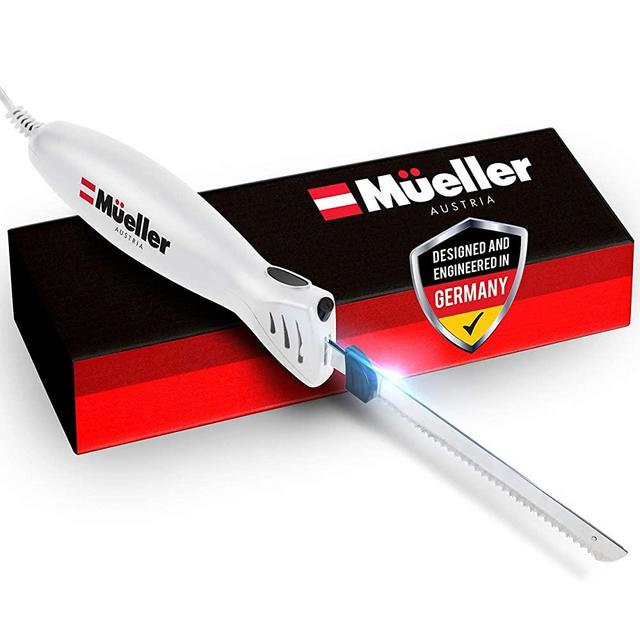 Mueller Ultra-Carver Electric Knife 100W, for Carving Meats, Poultry, Stainless Steel Blades, Powerful Motor, Ergonomic Handle, One-Touch On/Off Button, Blade Release Button, Dishwasher Safe, White