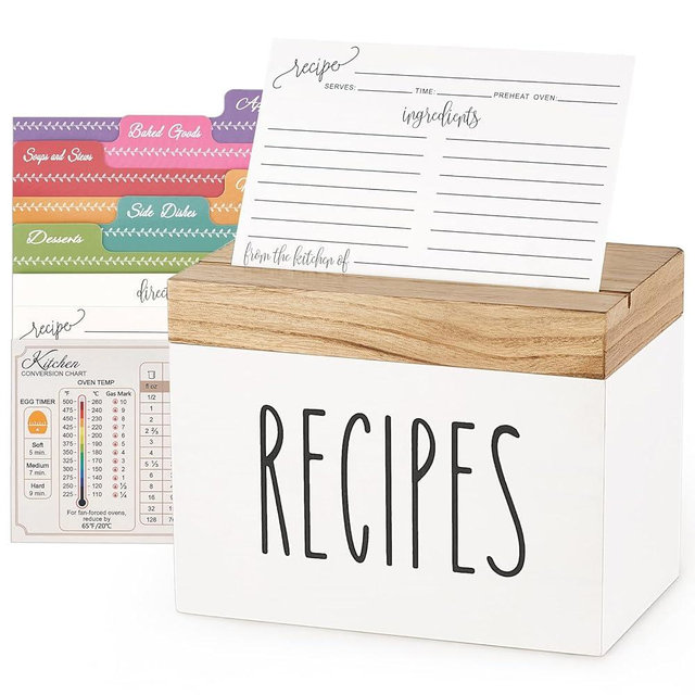 Dahey Wooden Recipe Box White Recipe Organizer with 100 Recipe Cards and 6 Dividers, Recipe Card Holder Box Set with Brown Lid and Slots to Write in Your Own Recipes for Cooking Lovers Kitchen
