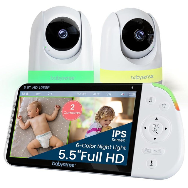 Babysense PRO Full HD 5.5" Split Screen Baby Monitor with 2 Cameras, 6-Color Night Light, White Noise, Sound & Light Machine, 20-Hour Battery, Hack-Proof Non-WiFi Secure Connection