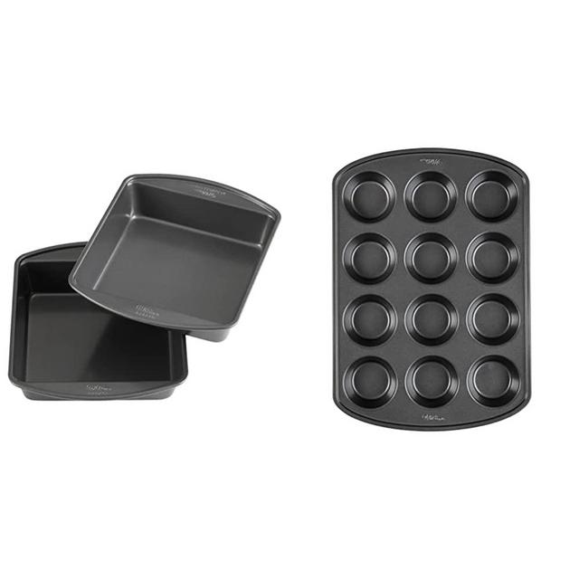 Wilton Perfect Results Premium Non-Stick 8-Inch Square Cake Pans, Set of 2, Steel Bakeware Set & Perfect Results Premium Non-Stick Bakeware Muffin Pan & Cupcake Pan, 12-Cup, Steel