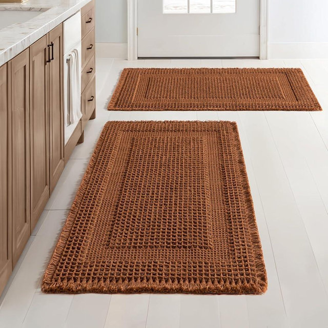 MIULEE Set of 2 Waffle Bathroom Rugs, Boho Bath Rug Super Absorbent, Non Slip Washable Ultra Soft Rubber Backed Shower Bath Mats for Floor, Tub, Shower, Looped Design, Terracotta, 18x30 Inch