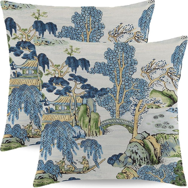 HYZUIMEI Chinoiserie Throw Pillow Covers 18 x 18 Inch Set of 2 Vintage Blue and Green Farmhouse Decorative Cushion Cover Asian Scenic Linen Pillow Case for Bedroom Bed Outdoor Car Couch Sofa