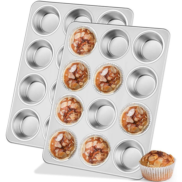 Leonyo 2 Pack 12-Cup Muffin Pans, Stainless Steel Standard Size Cupcake Pans Tray for Baking, Metal Non-Toxic Muffin Tins, Dishwasher Oven Safe