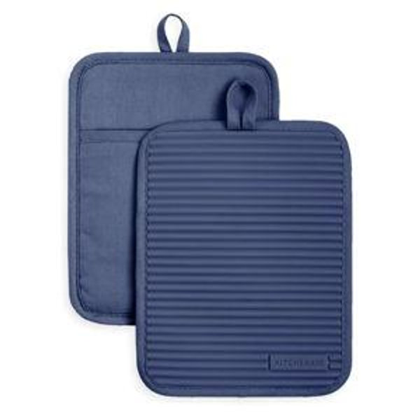KitchenAid Ribbed Soft Silicone Pot Holder 2-Pack Set, Blue Willow, 7"x9"