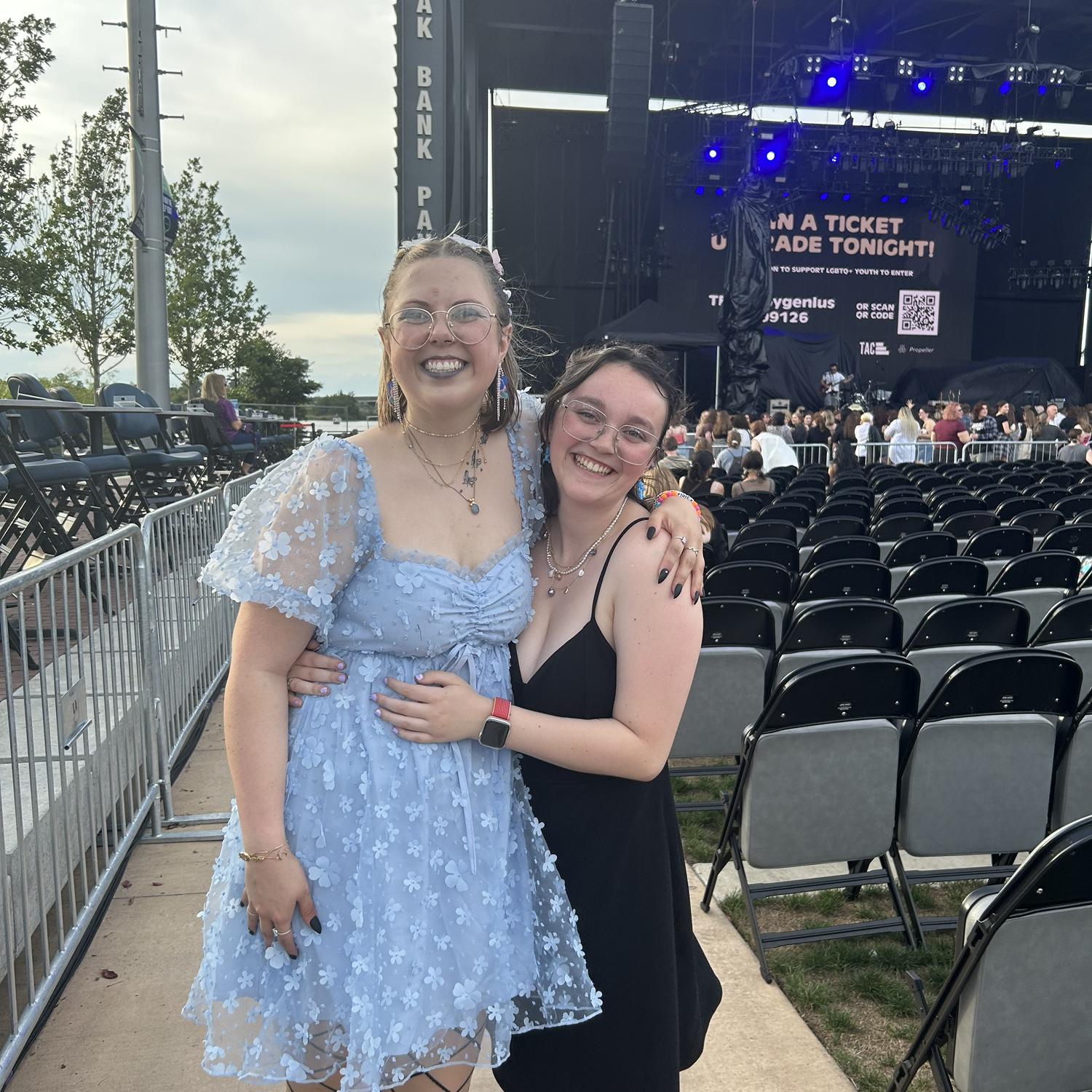 Boygenius concert summer of 2023. Liv and Tess paid a stranger on the side of the road $20 to change a flat tire so they wouldn’t miss the concert.