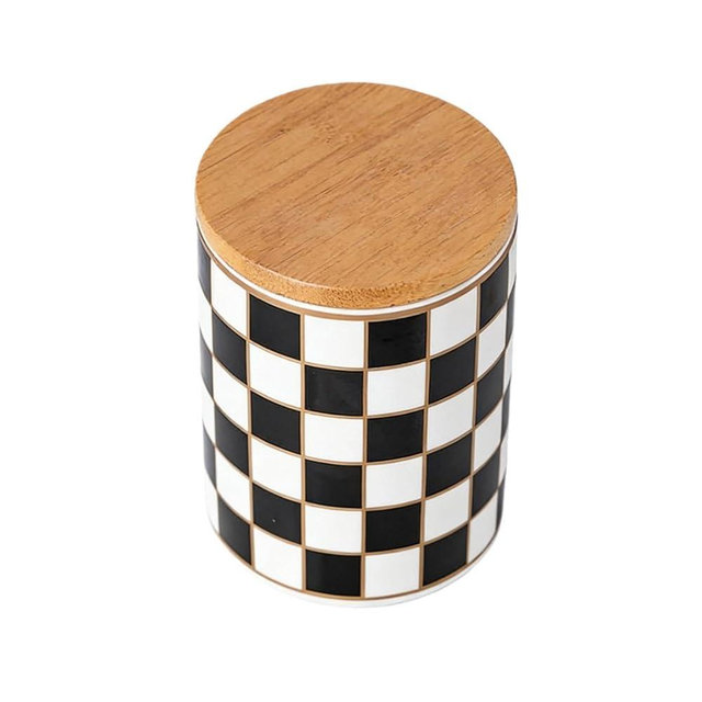 OHiZVZV 1 Piece Ceramic Coffee Canister, Airtight Coffee Container with Lid for Kitchen Storage (12.8x9cm, Black Checkered)