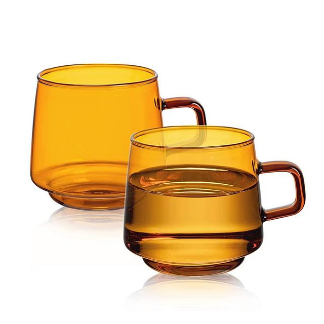 Amber Glass Stackable Coffee Mugs Set of 2-10 oz Borosilicate Glass Coffee Cups with Handle - Colored Tea Cups Drinking Glasses for Espresso, Cappuccino, Latte, Tea, Milk