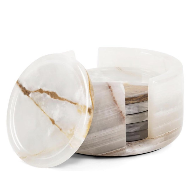 Radicaln Marble Coasters 3.5" Inch Handmade White Onyx Round Stone Coasters with Holder, Marble Coasters Set of 6, Coasters for Drinks, Elegant Home Decor