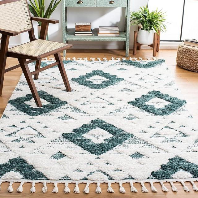 SAFAVIEH Moroccan Tassel Shag Collection Area Rug - 8' x 10', Green & Ivory, Boho Design, Non-Shedding & Easy Care, 2-inch Thick Ideal for High Traffic Areas in Living Room, Bedroom (MTS688Y)