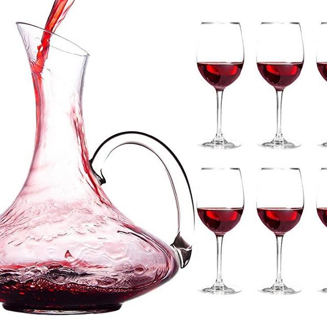 Chef's Star Wine Decanter 1800ml Premium Made Set with Stemmed Wine Glasses, 100% Lead Free Crystal Glass for Aerating Red Wine, Authentic Wine Accessory with Handle + 6 Glasses Culinaire