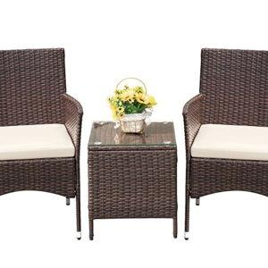 Devoko Patio Porch Furniture Sets 3 Pieces PE Rattan Wicker Chairs with Table Outdoor Garden Furniture Sets (Brown/Beige)