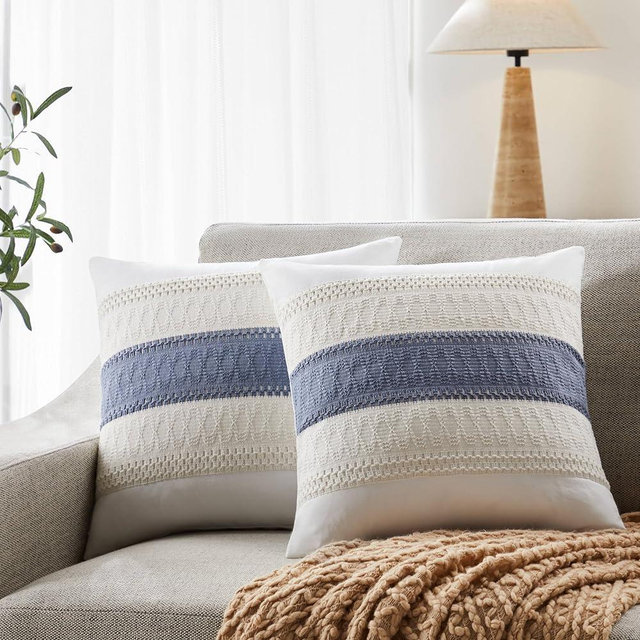 YZJZEDS Soft Cotton Boho Throw Pillow Covers Set of 2, Natural White/Contrast Blue 16x16 Inch, Blue Farmhouse Decorative Cushion Covers for Sofa Bed Living Room Home Decor