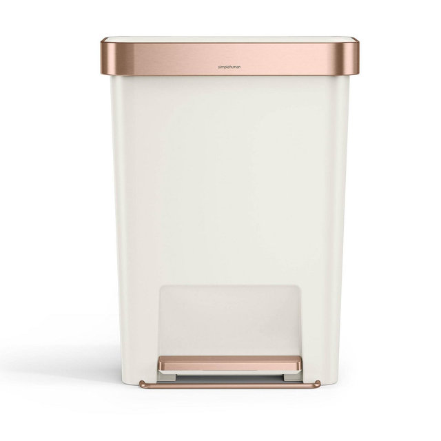 simplehuman 45L Rectangular Plastic Liner Rim Step Trash Can Cream with Rose Gold