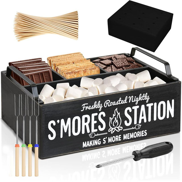 lynorra 4-in-1 Smores Station with Wooden Stand, Forks & Bamboo Sticks | Smores Station Caddy Organizer & Farmhouse Smores Bar Holder for Indoor Outdoor Use, Camping, BBQ, Parties & Housewarming Gift