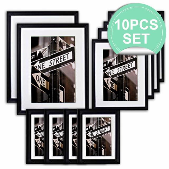 THE Display Guys 10 Piece Matte Black Solid Pine Wood Photo Frame Set, Two 11x14 Inch, Two 8x10 Inch, Six 5x7 Inch, With White Core Mat Boards And Picture Collage Mat Boards, Luxury Made Affordable