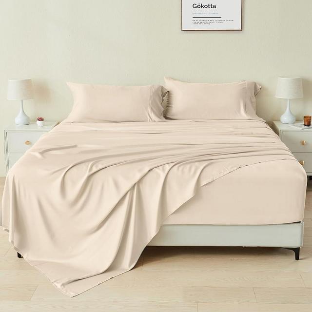 GOKOTTA 4-Pcs Queen Sheet Set, 100% Rayon Derived from Bamboo, 16 Inch Deep Pocket Queen Sheets with Elastic Corner Straps, Cooling Sheets for Hot Sleepers - Silky Soft & Breathable - Creamy Peach