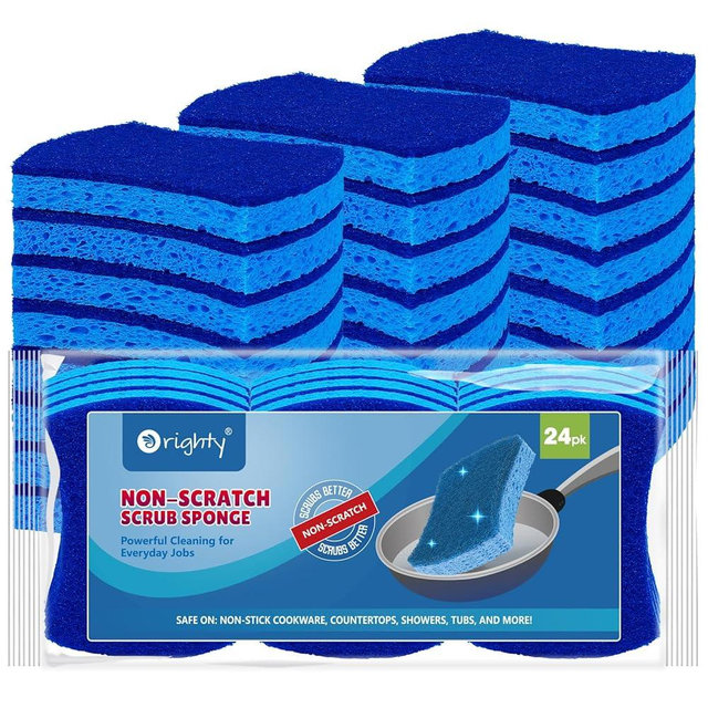 Orighty Non-Scratch Cellulose Scrub Sponges 24 Pack, Kitchen Sponges for Kitchen, Bathroom, and Household, Dual Side Sponges for Dishes, Non-Scratch Sponges Safe on Non-Stick Cookware, Car and More