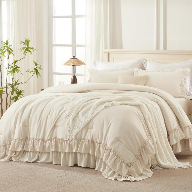 Andency Beige Comforter Set King Size, 3 Pieces Lightweight Fluffy Solid Ruffle Comforter Set, All Season Soft Microfiber Farmhouse Shabby Chic Bed Set(Beige, 104x90Inch)