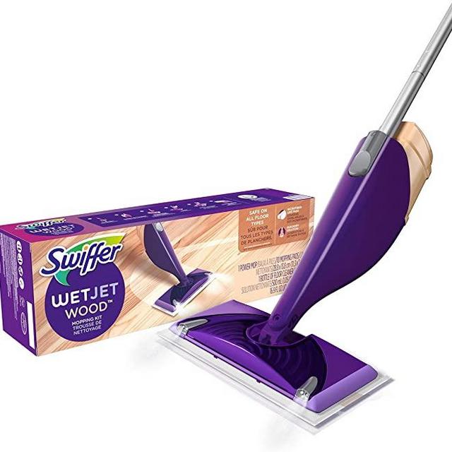 Swiffer WetJet Wood Floor Mopping and Cleaning Starter Kit, All Purpose Floor Cleaning Products, 1 Mop, 10 Pads, Cleaning Solution, Batteries