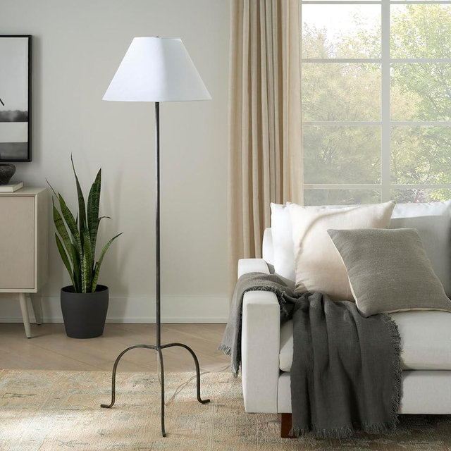 Nourison 66" Black Wrought Iron Heritage Metal Slim Tripod Standing Floor Lamp for Modern, Industrial, Minimalist Living Room, Bedroom, Dining Room, Reading