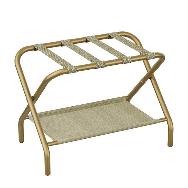 Smart FENDEE Gold Luggage Racks with Fabric Shelves - Heavy Duty Folding Suitcase Stand Holds 110lbs, Portable Bedroom & Hotel Storage Stands, Easy Assembly Steel Frame