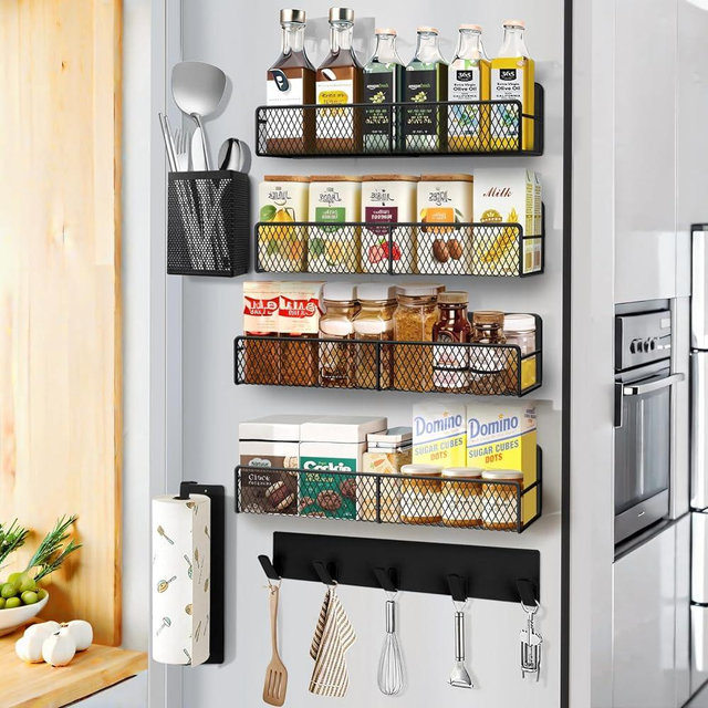 Magnetic Spice Rack for Refrigerator, 7 Pack Metal Magnetic Shelf Black , Moveable Spice Organizer with Hook Rack, Paper Towel Holder, Kitchenware Holder, Strong Magnetic Storage Fridge Organizer