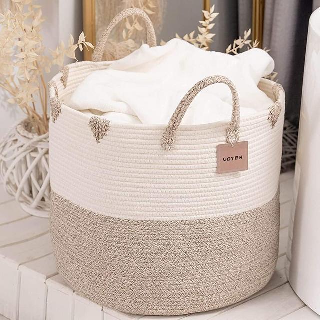 Voten XXL Premium Cotton Rope Basket Dia18"x16"-Large Baskets for Storage–Woven Laundry Basket-Brown Farmhouse Basket-Rope Storage Baskets-Cotton Basket for Living Room Storage