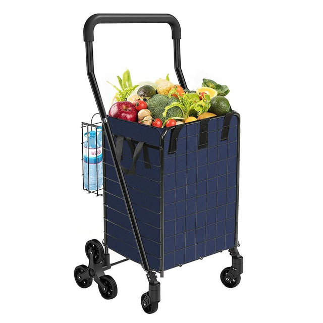 Kiffler Grocery Shopping Cart with Waterproof Liner Stair Climber Utility Cart Easily Collapsible Cart with Tri-Wheels, 66lb Extended Foam Cover, Trolley for Stair, Laundry, Travel (Blue-)