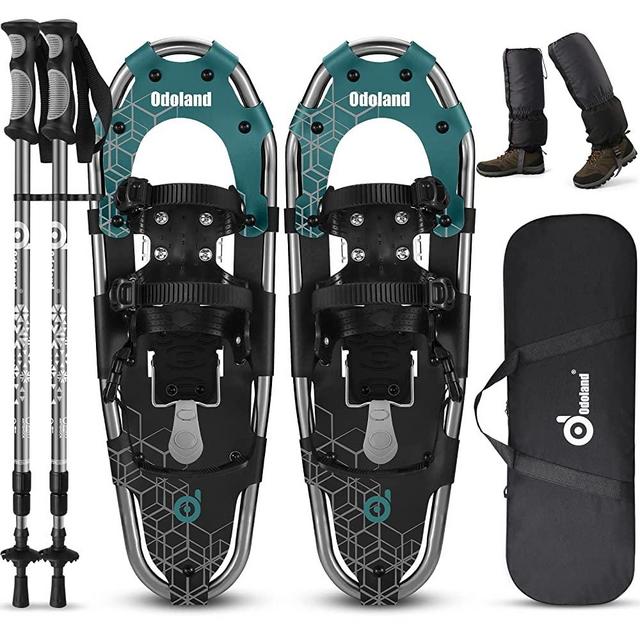 Odoland 4-in-1 Snowshoes for Men Women Youth Kids with Trekking Poles, Waterproof Snow Leg Gaiters and Carrying Tote Bag, Lightweight Snow Shoes Easy to Wear Aluminum Alloy, Size 21''/25''/30''