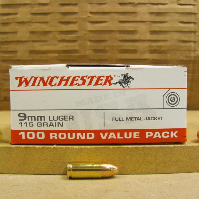 100 Round Box - 9mm Luger Winchester FMJ 115 Grain Value Pack Ammo - USA9MMVP
