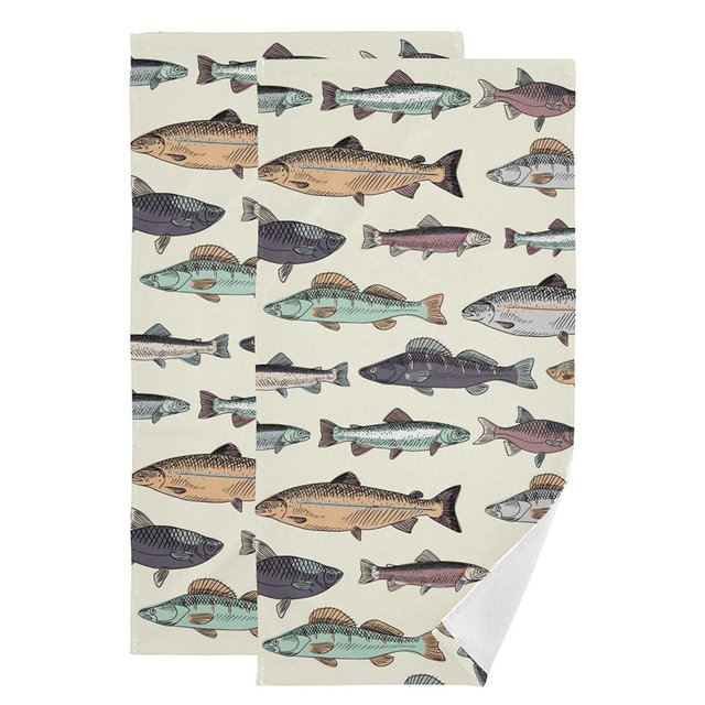 COVASA Colorful Fishes Hand Towels for Bathroom Set of 2,Microfiber Quick Dry Cartoon Lake Fish Carp Underwater Animal Kitchen Dish Towels,Decorative Guest Bathroom Towels for Face,Gym,Shower 14"x28"