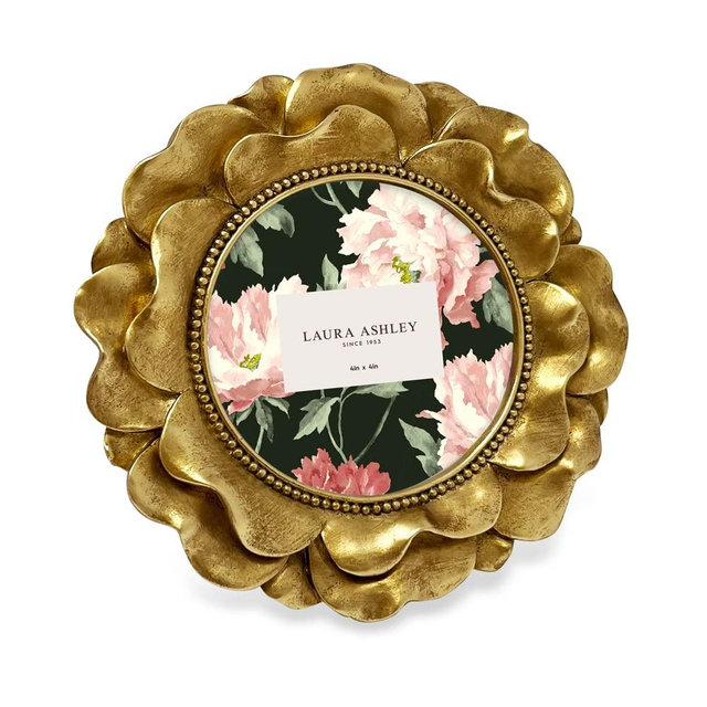 Laura Ashley 4x4 Gold Round Resin Ornate Flower Design Picture Frame with Beaded Border, for Tabletop and Wall Display, Floral Home Décor (Gold)