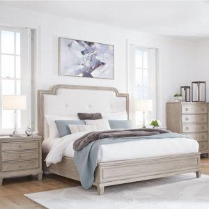 Jorlaina King Upholstered Panel Bed with Mirrored Dresser, Chest and 2 Nightstands | Ashley