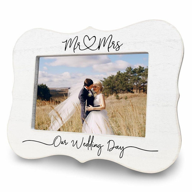 Nuckxy Mr & Mrs Wedding Frame For 4 x 6 Photos - Wedding Gifts White Wooden Photo Frame - Engagement Gifts For Newlyweds Couples Bride and Groom Just Married Honeymoon Supplies & Decor - C07