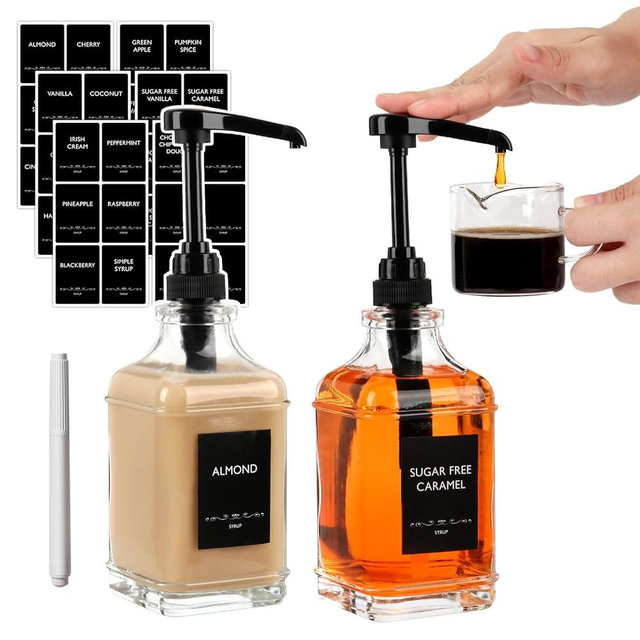 BIGIVACA Coffee Syrup Dispenser 16 oz 2 Pack,Clear Glass Syrup Bottle with 1/4oz Capacity Pump,Syrup Dispenser for Coffee Bar with Plastic Pump