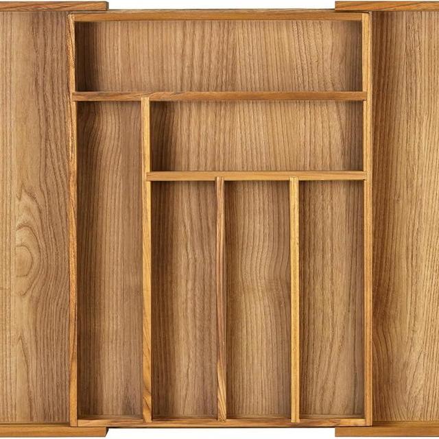VaeFae Teak Drawer Organizer, Large Silverware Organizer, Expandable Utensil Organizer for Kitchen Drawer, Wooden Cutlery Tray Drawer Dividers Organizer
