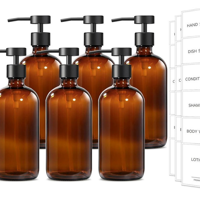 GMISUN Amber Glass Soap Dispenser, 6 Pack Bathroom Hand Soap Dispensers with Stainless Steel Pump, 17 Fl Oz Kitchen Hand and Dish Soap Dispenser Set, Modern Vintage Liquid Brown Soap Dispensers Bottle