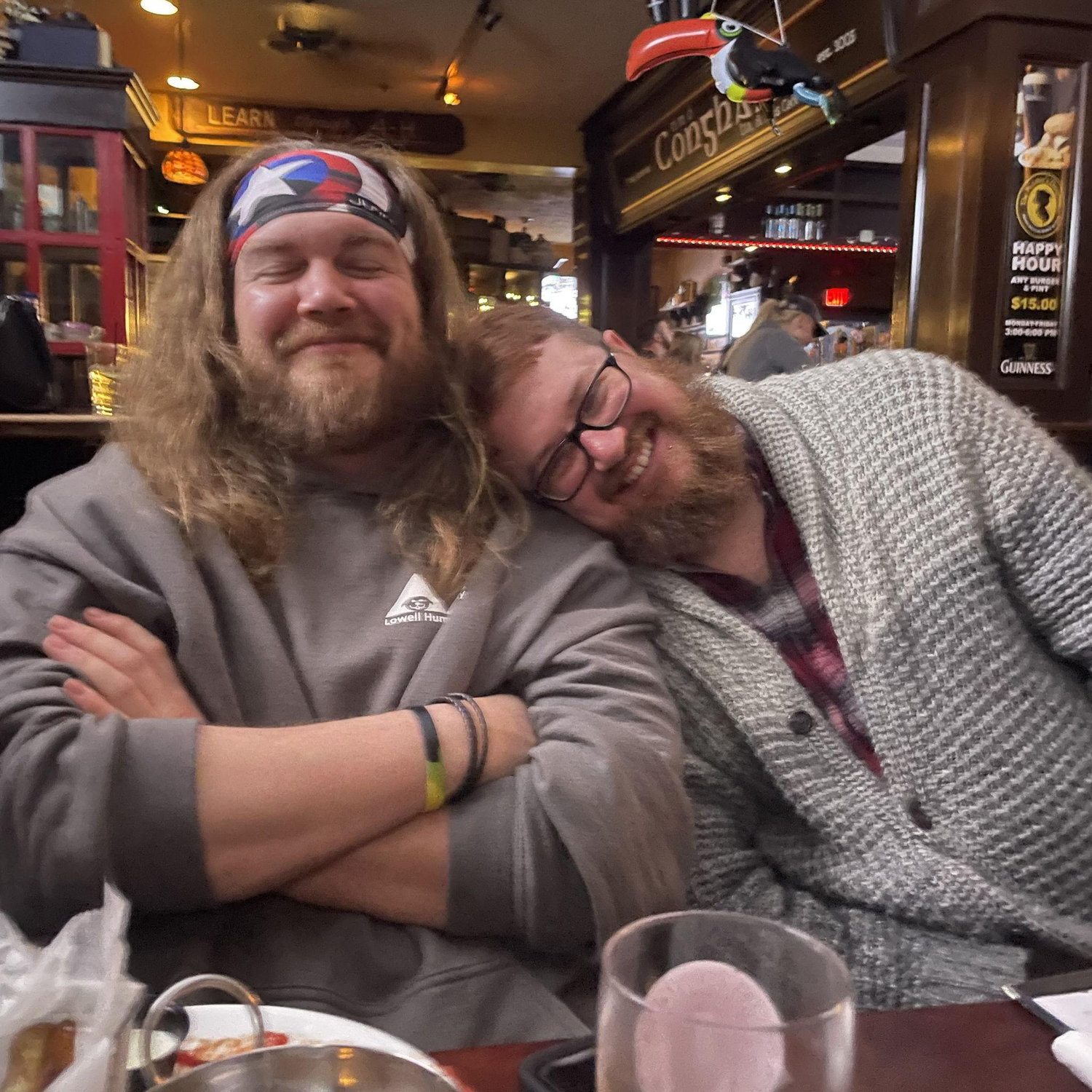 Sam and my friend James trying to stay awake after axe throwing and dinner
