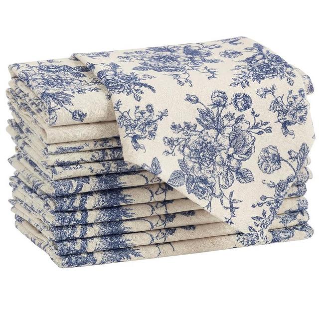 Mindsoft Set of 12 Floral Linen Cloth Napkins Blue Floral Printed Dinner Napkins Cloth 18 x 18 Inch Washable Reusable for Dinner Home Restaurant Wedding Hotel