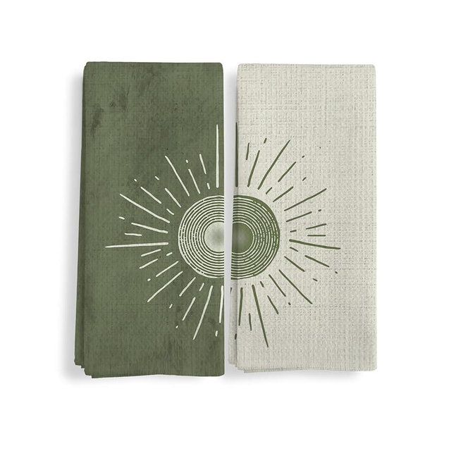 Qeheb Boho Green Sun Kitchen Towels, Sun Sunset Sunshine Kitchen Towels Decorative Set of 2, Boho Lover Gifts, Boho Bathroom Towels, Bohemian Olive Green Hand Dish Tea Towels for Kitchen 16X24In