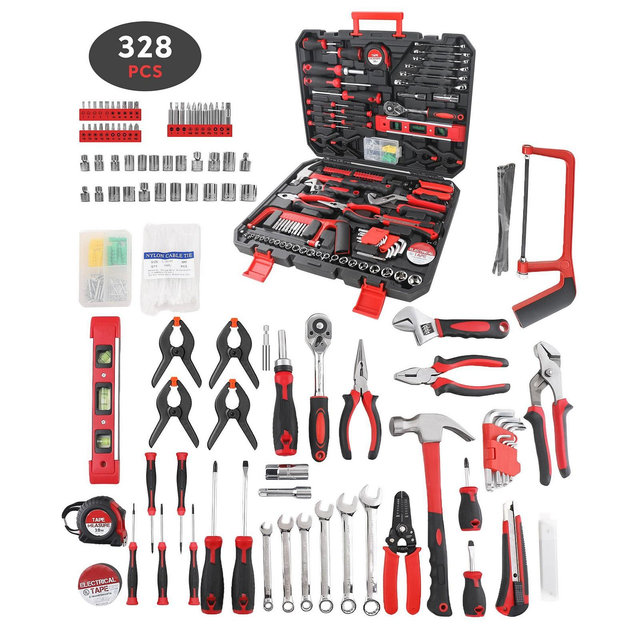 SUGIFT 328-Piece Household Hand Tool Set with Storage Case – All-in-One Repair Kit for Home, Garage, Car, and Office Use