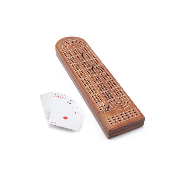 GSE 3-Track Wooden Cribbage Board Game with Playing Cards, 9 Metal Pegs, and Storage Area for Family Game