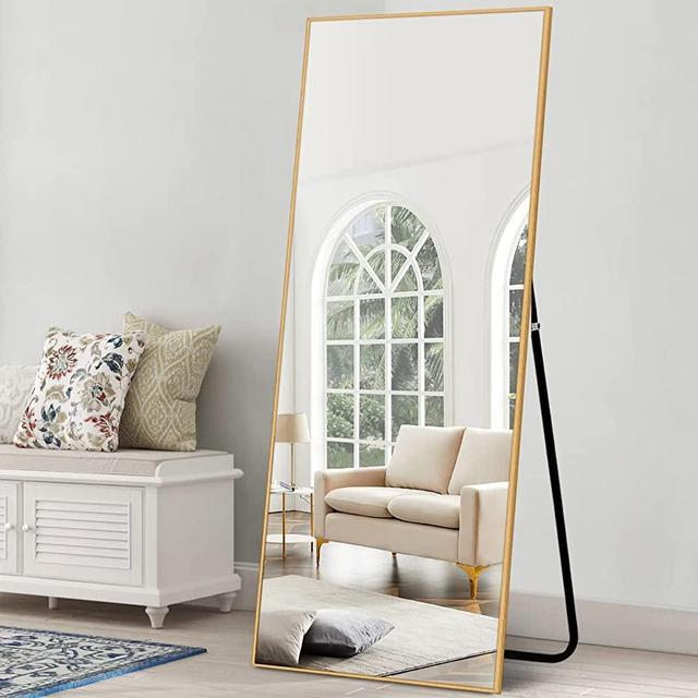 NeuType 71"x24" Full Length Mirror with Standing Holder Aluminum Alloy Frame Floor Mirror Wall-Mounted Mirror for Living Room, Bedroom, Hanging or Leaning Against Wall, Golden (with Stand)
