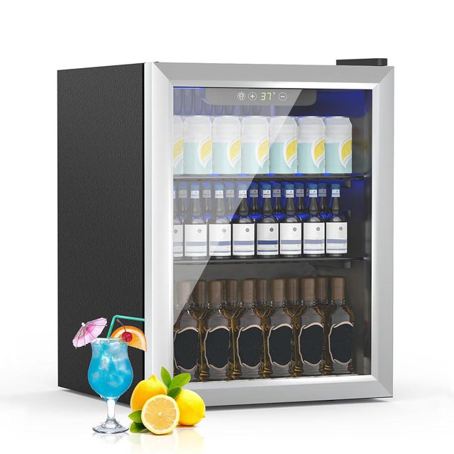 Erivess Beverage Refrigerator and Cooler, 70 Can/1.6 Cu Ft Mini Fridge with Glass Door, Adjustable Shelves for Soda,Beer,Wine, Free Standing Small Refrigerator, Digital Display, for Home, Bar, Office