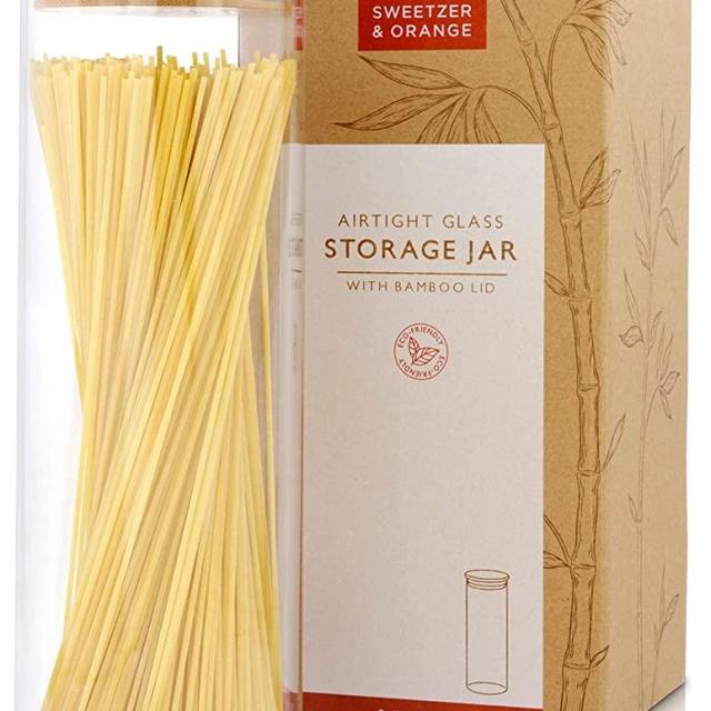 Sweetzer & Orange Glass Container with Lid, Bamboo Top (2.2 L) - Dry Food Storage Pasta Container Kitchen Canister for Bow Tie Pasta, Spaghetti, Macaroni, Rotini, Egg Noodles, Cookies, Candy, Flour