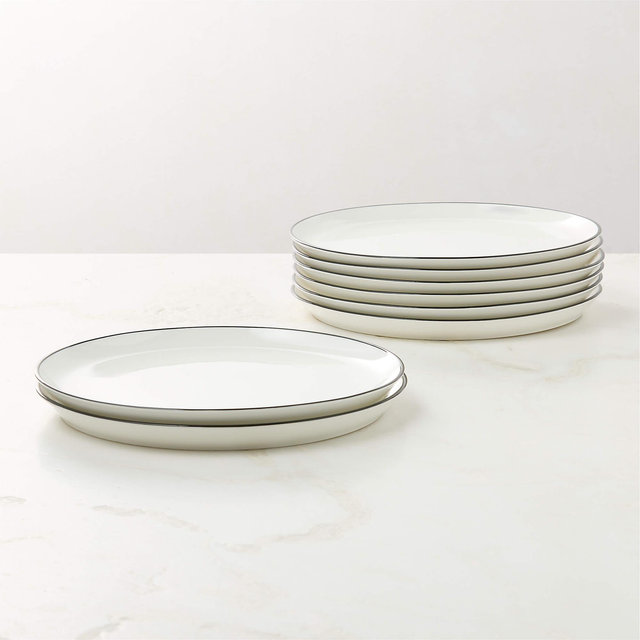 Contact White Ceramic Dinner Plates Black Rim Set of 8