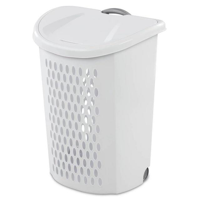 Ultra Wheeled Design Clothes Hamper Laundry Basket, Mind Reader Basket Collection，135 Liter （20 1/8" x 15 3/8" x 26 3/4"）Capacity, White Lid & Base w/Plastic Handle & Wheels.