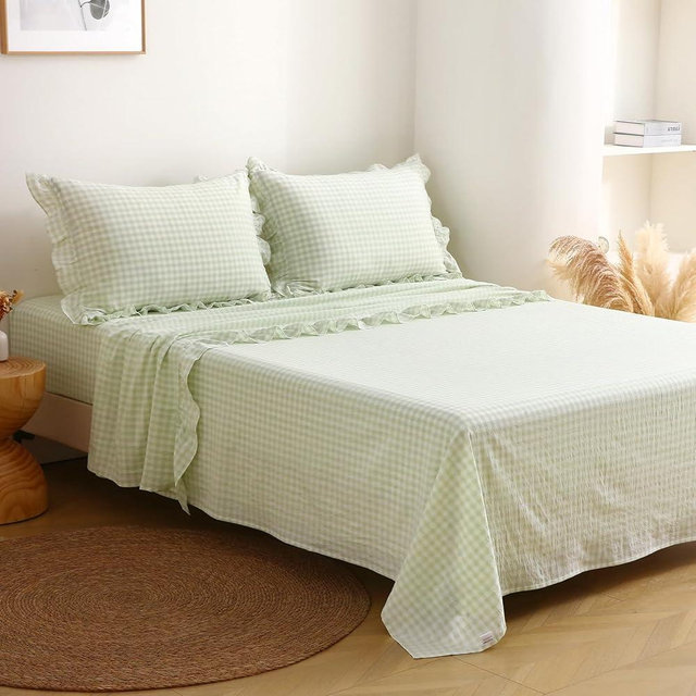 K MASANIJI Pile Green White Plaid Ruffle Gingham Sheets Queen Size 4-Piece Set, 300TC 100% Yarn Dyed Cotton Sheets 18 in Deep Pocket Decorative Bedding (Pile Green/White Plaid, Queen)